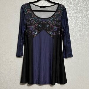 Lily by Firmiana Floral Print A-Line Tunic Top Black Purple Blue 3/4 Sleeve Sz L